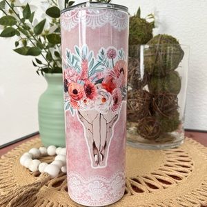 20oz Floral bull skull sublimated tumbler.